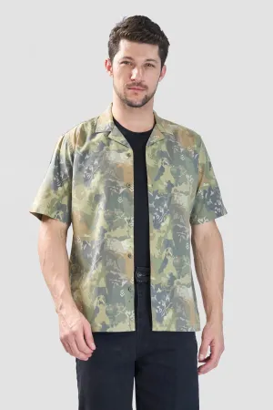 XKIND OLIVE ABSTRACT PRINTED RELAXED FIT SHIRT
