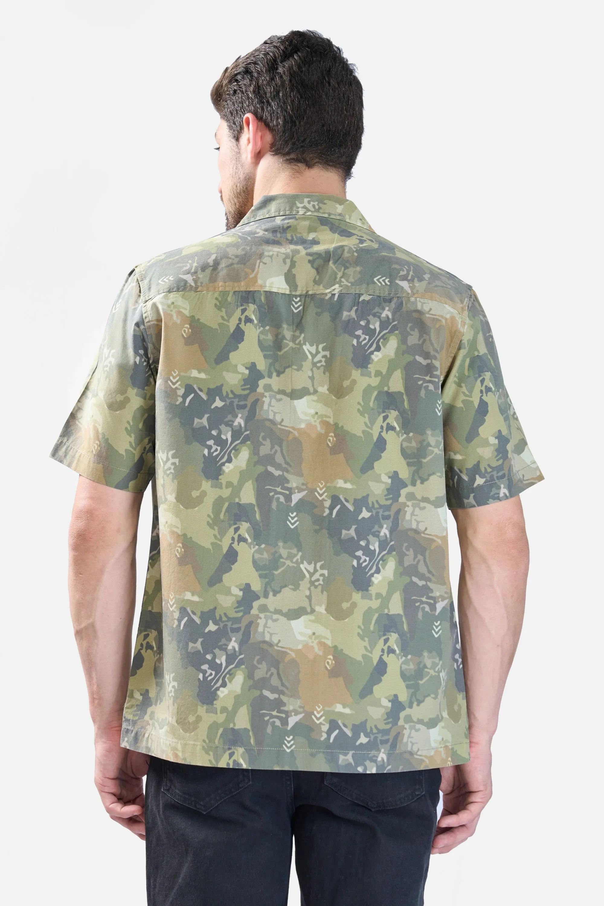 XKIND OLIVE ABSTRACT PRINTED RELAXED FIT SHIRT