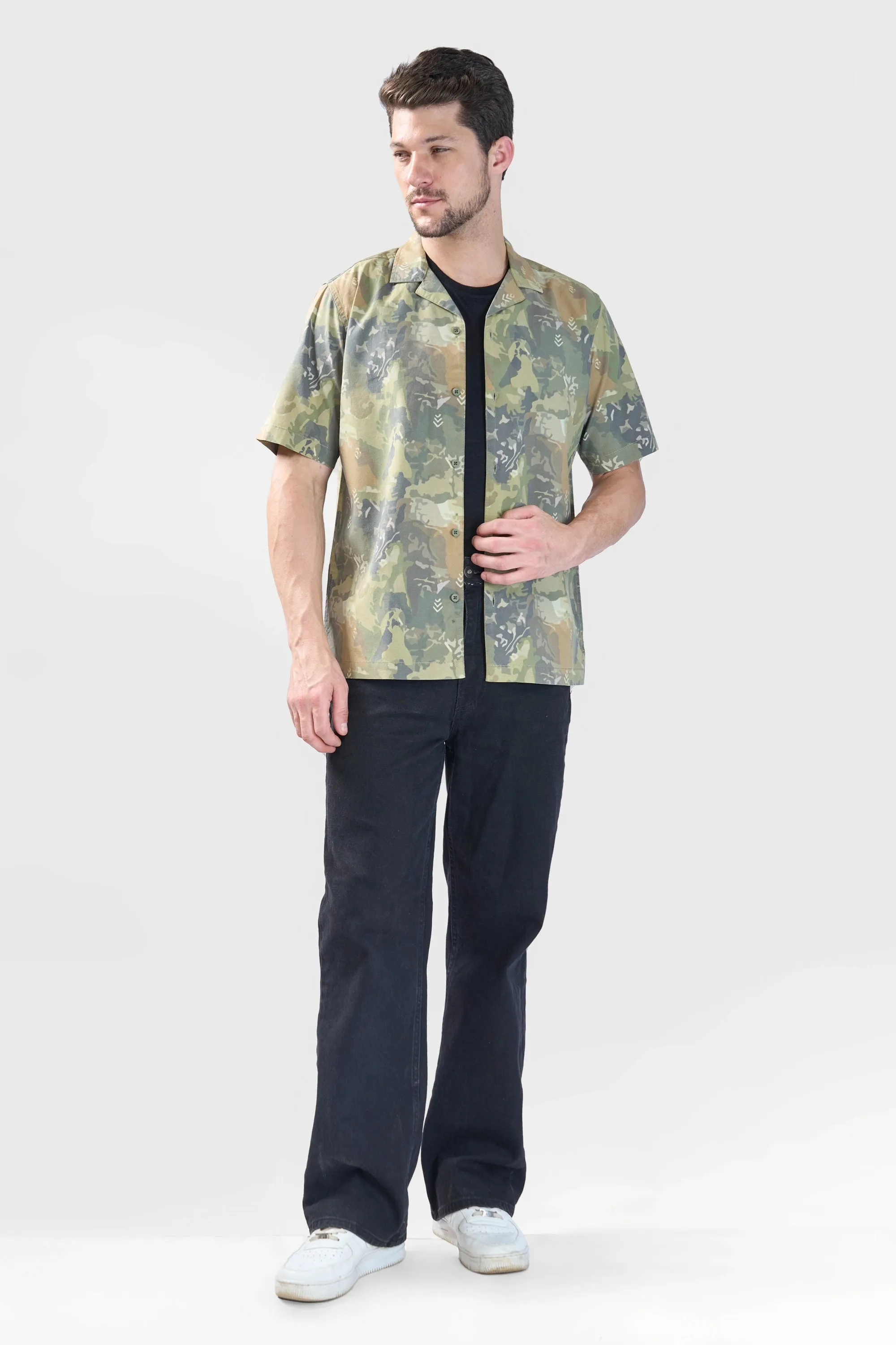 XKIND OLIVE ABSTRACT PRINTED RELAXED FIT SHIRT