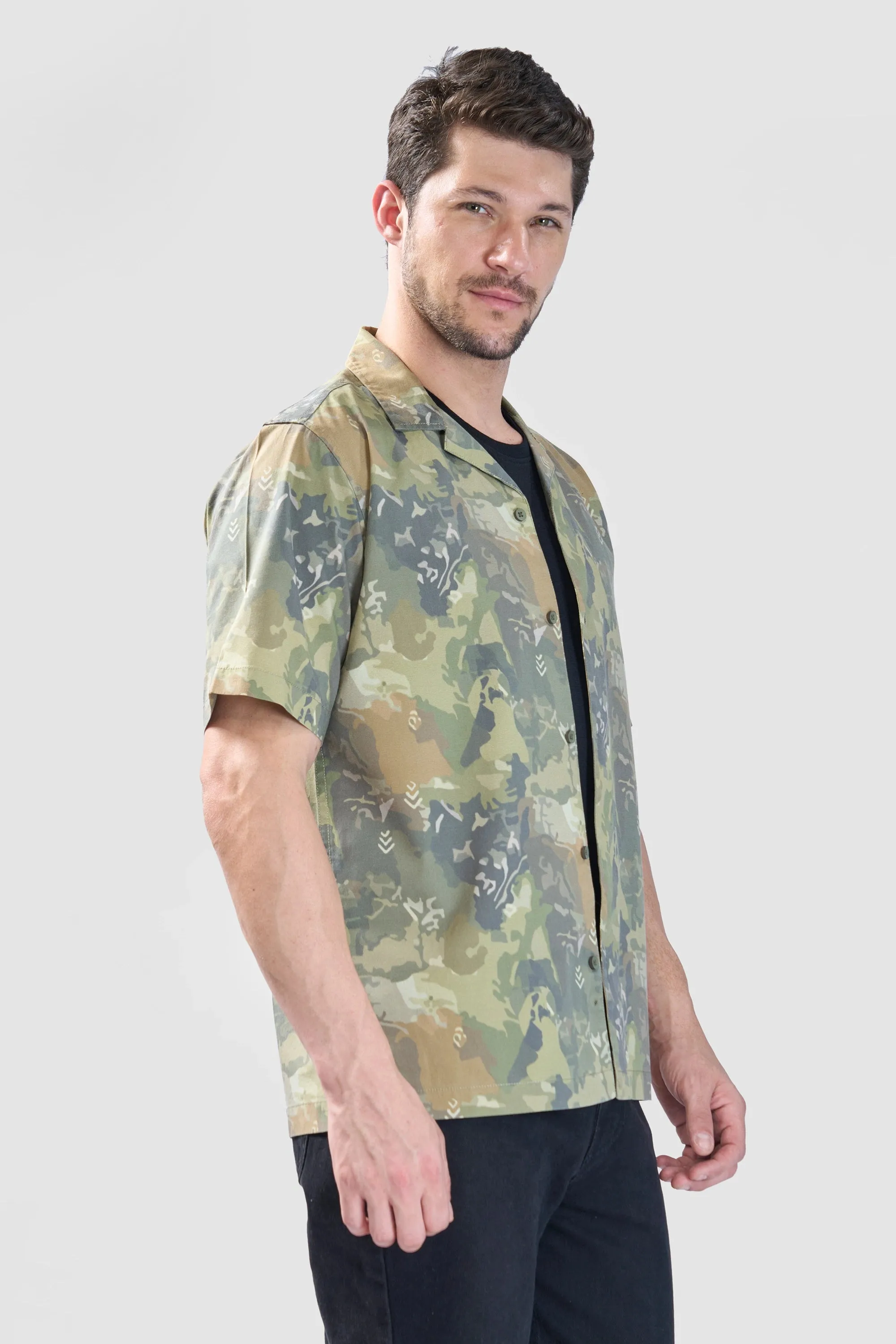 XKIND OLIVE ABSTRACT PRINTED RELAXED FIT SHIRT