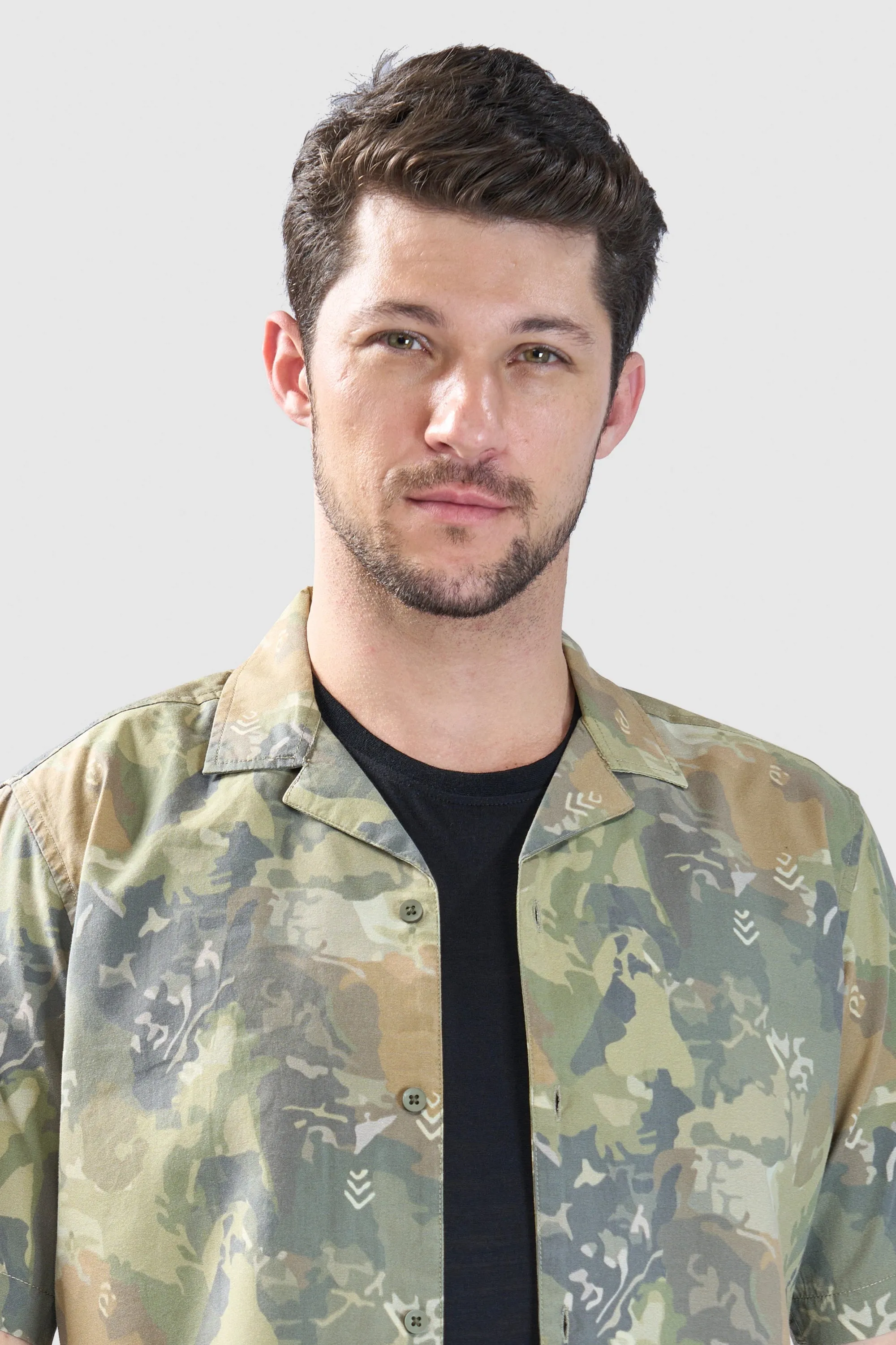 XKIND OLIVE ABSTRACT PRINTED RELAXED FIT SHIRT